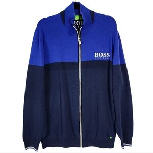 Hugo Boss Wool Blend Zelchior Pro Full Zip Sweater Blue Color Block Preppy‎ XXL